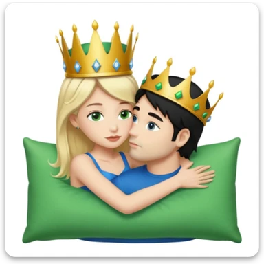 Blonde Queen with crown, Green eyes, naked, kissing man, naked, no crown, black hair, blue eyes, whole Body, Background Green pillow  sticker