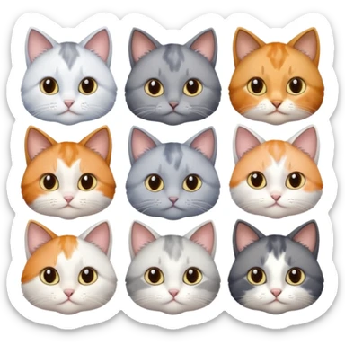 6 realistic looking cats with different natural coloured coats, assorted grey and white, greys, calico, brown and white colours etc
 sticker