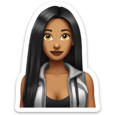 Tanned woman with long black hair dressed in Y2K hip hop hair, makeup, and neon attire sticker