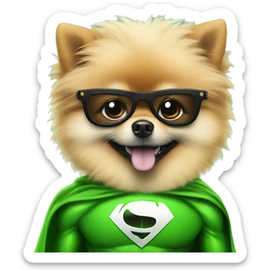pomeranian in green superhero suit sticker