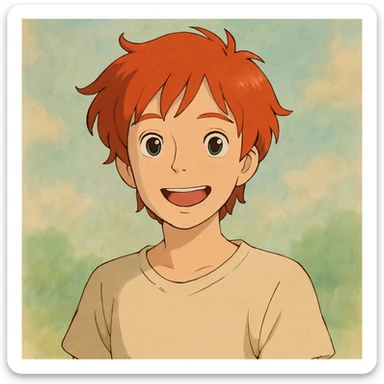 ghibli style portrait of an 18 year old young person with red hair, cheerful expression, simple clothing, soft background sticker