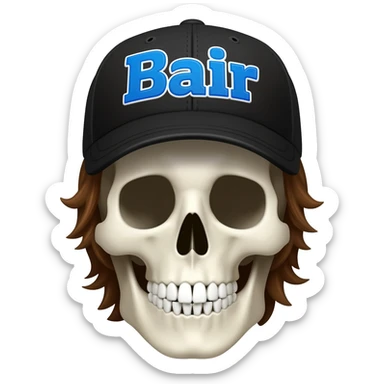 Create a skeleton head wearing a black baseball cap that says " Bair " in blue, and white lettering, with brown hair sticker