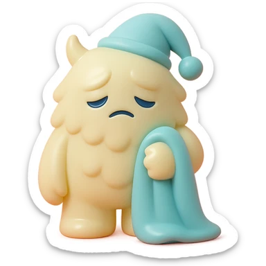 fluffy monster wearing a nightcap, holding a blanket, eyes drooping, soft lighting, vinyl figure style sticker