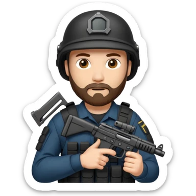 SWAT member with white skin and brown beard and gun sticker