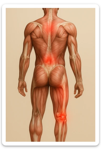 corpo umano anatomico con mal di schiena e al ginocchio, iperrealistico 4k sticker