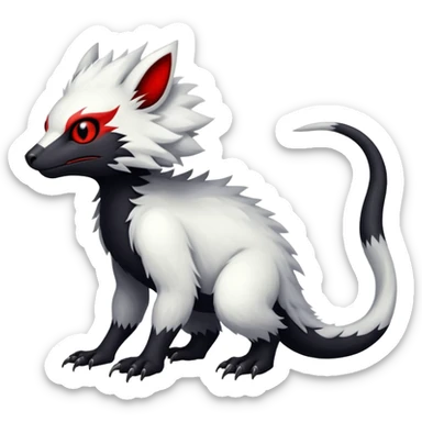 a white exotic edgy vernid-fionbr-Fakémon-creature, with black belly and red eyes, full body sticker