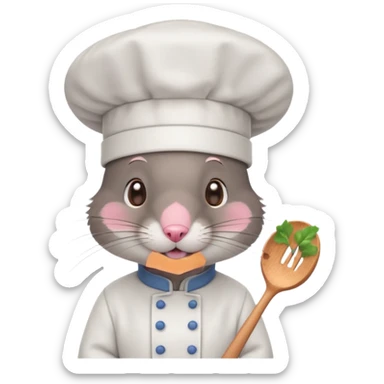 dark gray mouse with large round ears, brown eyes, and a small pink nose, wearing a white chef’s hat sticker