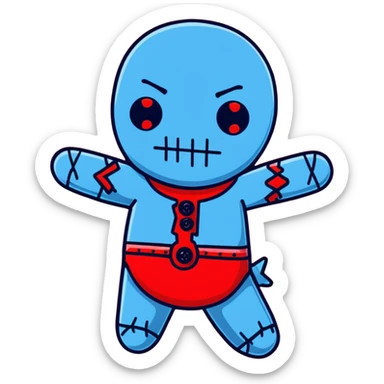 A Carolina blue voodoo doll with red stitching and buttons for eyes, with several pins stuck in it sticker