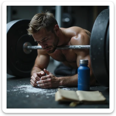athletic 30-year-old man, tired but focused, doing heavy deadlift in gym, hands with chalk, training diary nearby, dark circles and redness on joints, water bottle, magnesium, belt on floor, blurred gym background, cold lighting, cinematic realism style sticker