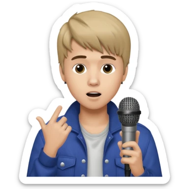 Justin Bieber, around 16, casual clothes, singing into mic sticker