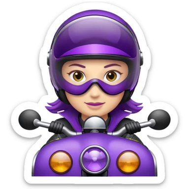 Créer un emoji avec une moto mt07 sport noir mate / violet iridescent très foncé, pare-brise de la moto violet. Avec une femme pilote dessus, visage masqué par la visière violette . Avec en arrière plan cercle violet. sticker