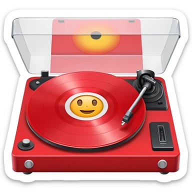 Generate a high-quality 3D cartoon-style emoji of a red LP record placed inside a white LP turntable, realistic shading, smooth gradient colors, rounded and cute appearance, simple white background, high-resolution. sticker