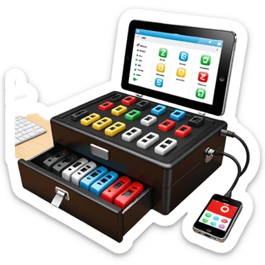 Open professional black testing case on wooden desk. Interior: control panel with colored sockets, USB ports, and power outlet. Inside: a roll of white QR-code calibration stickers.  red test probe.  sticker