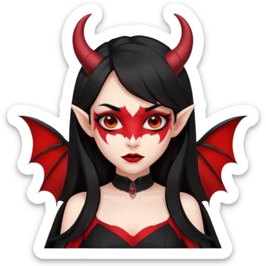 demon girl, skin red , black long hair, small horns, bat wing, black open-back dress, bold black outlines, red+black palette sticker
