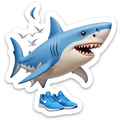 A surreal and humorous scene of a shark standing on a beach with human-like legs, wearing bright blue Nike sneakers. The shark looks slightly cartoonish, with a content expression. Behind it, ocean waves crash under a clear blue sky with a few birds flying overhead. The lighting is soft and sunny, creating a whimsical and absurd vibe. sticker
