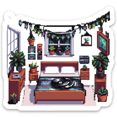 indie bedroom with fairy lights, plants and vinyl records sticker