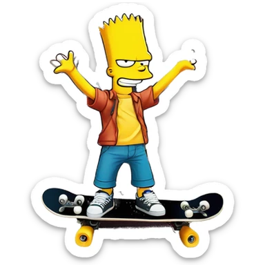 Bart Simpson, skateboard under his arm, poses in front of a graffiti-covered wall. He's giving the camera a playful smirk sticker