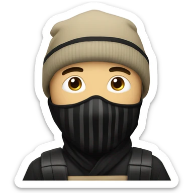 Man wearing a black beanie, white and black horizontal lines, and black mask, holding a khaki sack over his shoulder  sticker