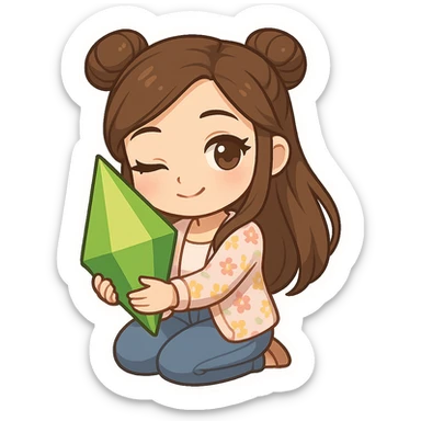 3D chibi style high-quality rendering smooth shadows soft gradients girl with long brown hair styled in two space buns brown eyes wearing jeans pastel floral cardigan thick white outline like a sticker transparent background flirty holding hugging a Plumbob preserve facial features sticker