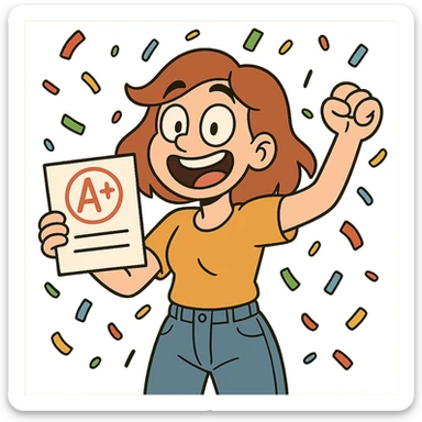 A+ grade on a school report, cartoon style, bright and playful, with confetti sticker