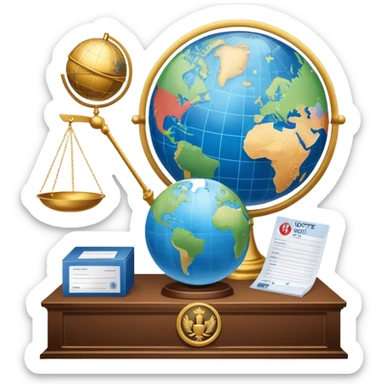 An icon featuring a podium with a speaker, a ballot box with a voting slip, and a globe, symbolizing political science. The design includes scales of justice and a world map in the background, representing governance and global politics. Transparent background highlights political analysis. sticker