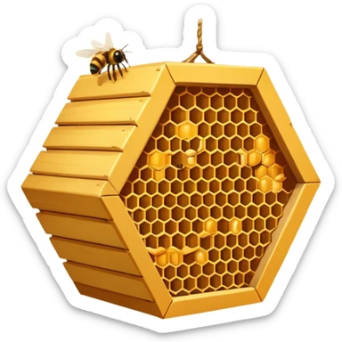 A small hive nestled between tree branches with worker bees. sticker