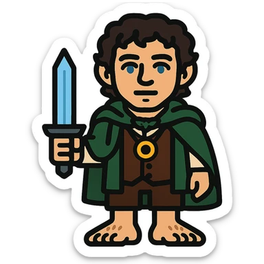 Whole body image of Frodo Baggins from the lord of the rings movie in pixel art style. Make Frodo look like the actor that portrayed him in the movie, Elijah Wood, blue eyes and dark curly hair. Frodo is wearing the same green elven cloak with the leaf buckle, brown vest, cream undershirt, dark brown leather short pants, and hairy hobbit feet. He is wearing a golden yellow ring on a necklace. he's also holding the same blue sword that bilbo is holding in the reference image. sticker