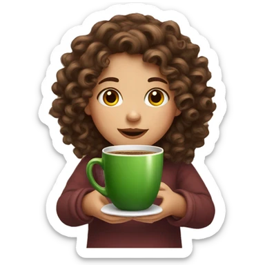 Curly brown hair girl in Christmas mood with cup of coffee in her hands sticker