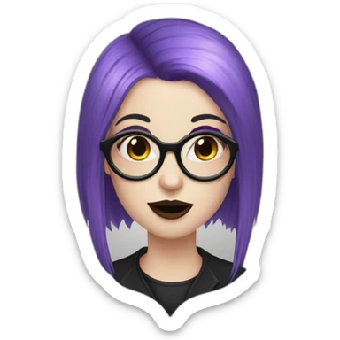 goth woman with long side parted purple hair and oval glasses, pale skin, sticking out tongue sticker