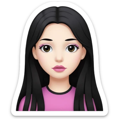 long hair black normal hair with black eyes, and white skin, white pinkish lip  sticker