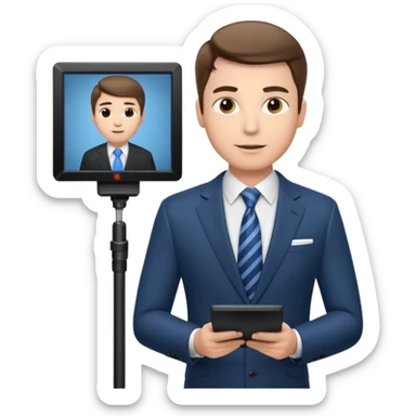 a male news anchor sits sideways, with a screen with a prompter in front of him sticker
