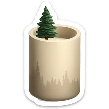 Candle in beige concrete vessel with painted pine trees sticker