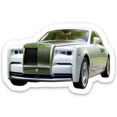 Rolls-Royce Phantom (2022) – cinematic-realistic Rolls-Royce Phantom, its polished silver frame glistening under the sun as it glides down a winding, tree-lined road. The iconic Spirit of Ecstasy hood ornament stands proudly, the V12 engine hums silently as the car cuts through the serene countryside, embodying elegance and power. sticker