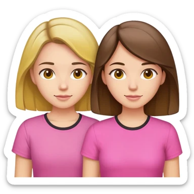 Two best friends one light brunette and the other brunette’s with highlights. Both are white. The first one is wearing a yellow shirt and the other a pink  sticker