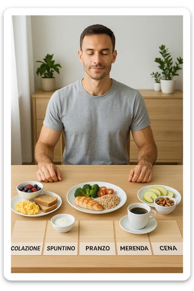 Uomo sereno con fisico sano e asciutto seduto davanti a un grande tavolo diviso in 5 sezioni, ognuna con un pasto bilanciato: colazione, spuntino, pranzo, merenda, cena. Ogni piatto ha porzioni equilibrate di proteine, carboidrati e grassi salutari. Ambiente ordinato, stile di vita sano, luce naturale, atmosfera di consapevolezza nutrizionale. in italiano sticker