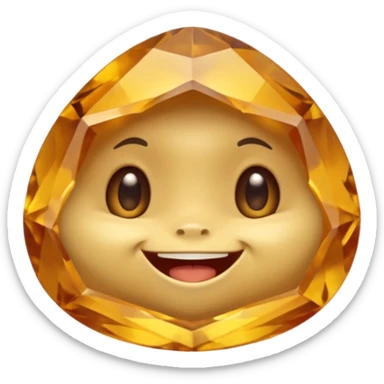 Single gemstone rock character, warm golden citrine, squat and heavy like a rock, with carved facets and tiny surface imperfections, cute round eyes and open smiling mouth, 3D game icon style, plain dark background, no other gems sticker