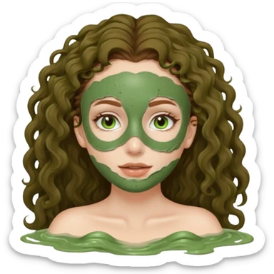 pale white girl with long brown curly hair green spa mud mask sticker