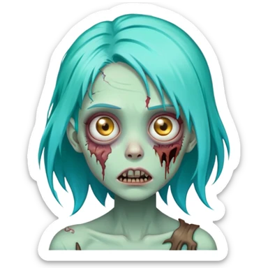 female zombie with bright turquoise hair, rotting skin, sunken eyes, cute but scary sticker