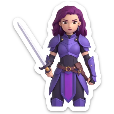 mysterious warrior girl with flowing purple hair, dressed in black armor, holding a sword, emoji style sticker