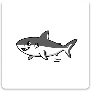 A black and white doodle of a shark, hand-drawn style, simple lines, no fill sticker
