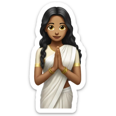 Light skin ;Black long hair wearing white saree praying infront a white temple sticker