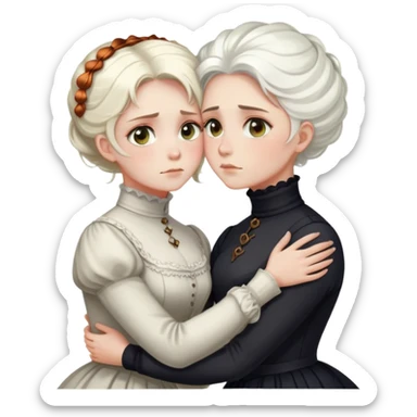 Two Victorian women with light eyes, one with bright white coiffed hair and one with dark copper coiffed hair, wearing Victorian turtleneck dresses, embracing each other in a sad, intimate hug sticker