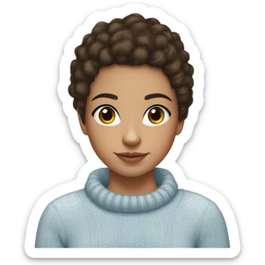 teenage girl, hispanic, freckles, afro brown hair, pony tail, short hair, brown eyes, light blue sweater, winter sweater, freckles sticker