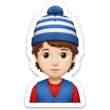 brown fluffy hair kid with blue and white hat dark blue jilet red t shirt sticker