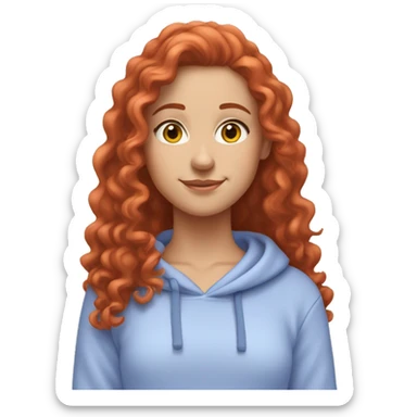 a white girl with long red curly hair, wearing a pastel periwinkle hoodie doing a pose sticker