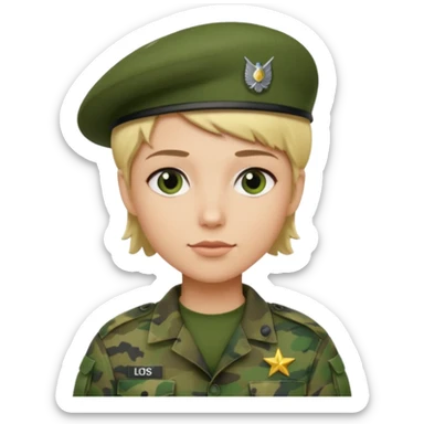 a soldier with short blonde hair in camo man in a beret  sticker