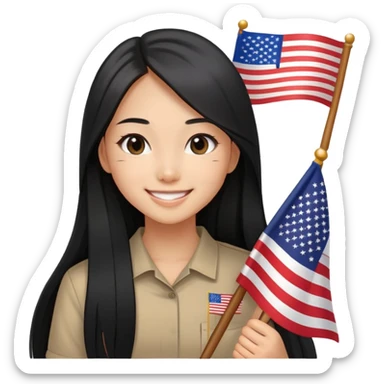 Girl smiling with black and long hair, straight hair, Asian eyes holding the American flag  sticker