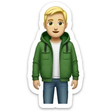 A tall guy with blonde hair, a little bit chubby but not much, green eyes, green cap and green hoodie with cargo jeans black sticker