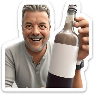 old man smiling with bottle sticker
