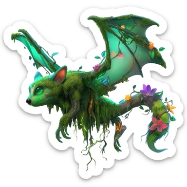 Realistic Sharp swampy mossy elemental ivy floral detailed Colorful translucent luminescent glowing Trico-Noibat-batty-Sergal-Furret-Ferret-Wolverine-Vernid-furry-fursona-fusion-Fakemon-animal-hybrid-creature, full body sticker